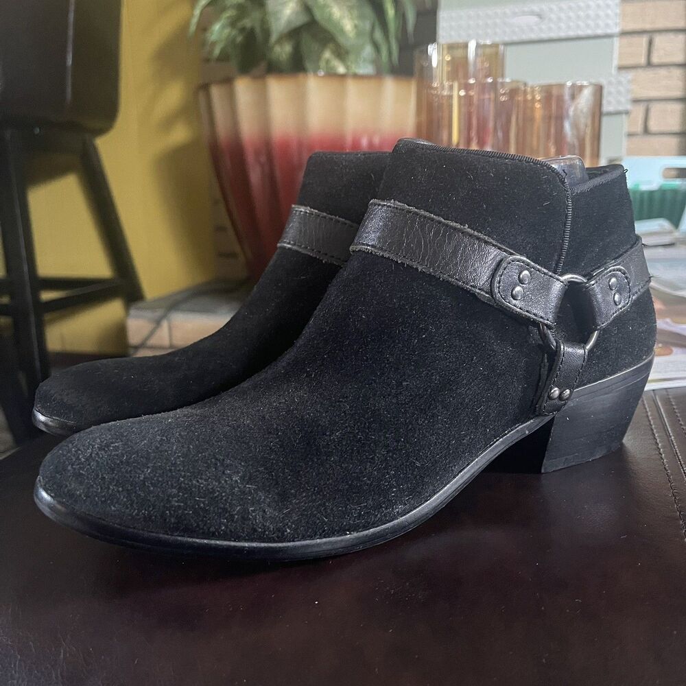 Sam Edelman Boots Womens Size 7.5 Black Phoenix Suede Ankle Harness Zip Booties